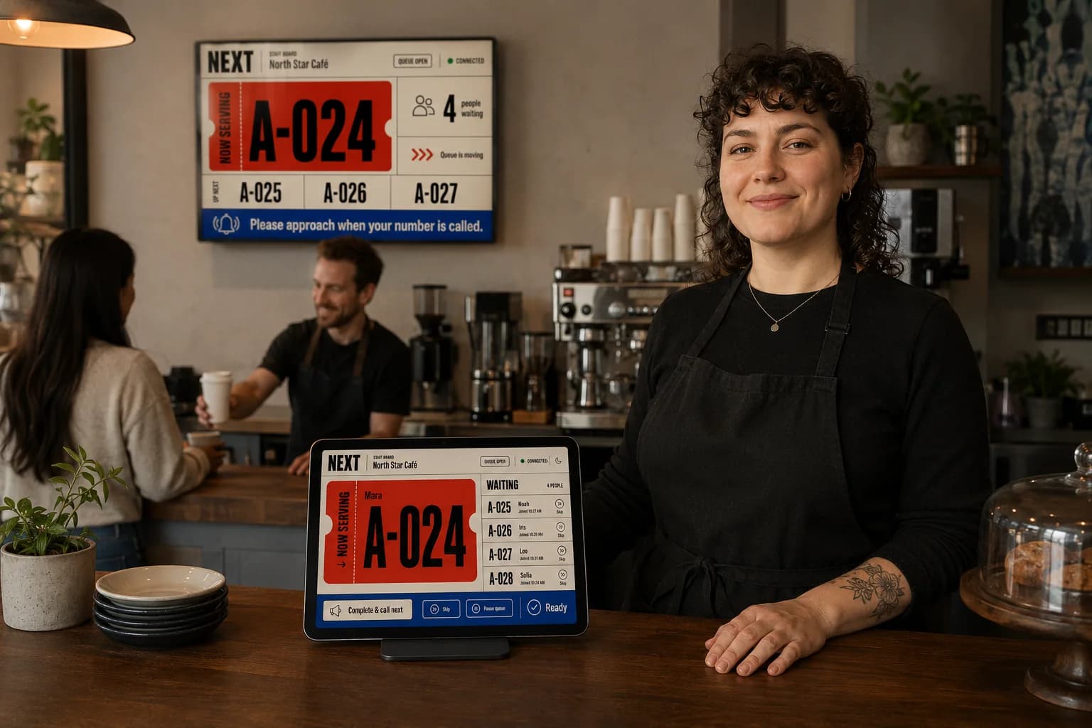 A North Star Café team member beside the NEXT staff board while service continues behind her.