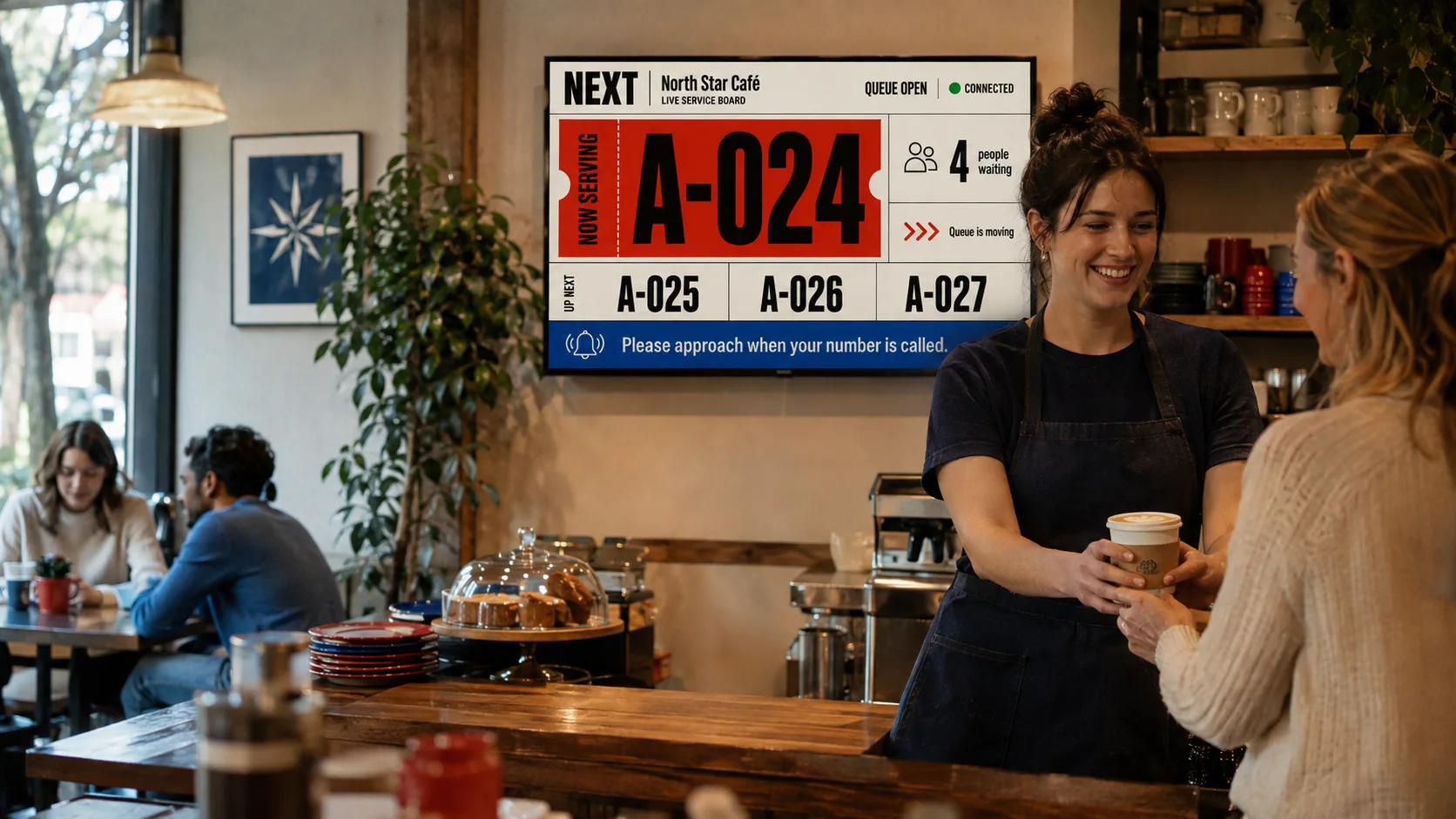 A North Star Café worker handing a drink to a customer beneath the NEXT public display.
