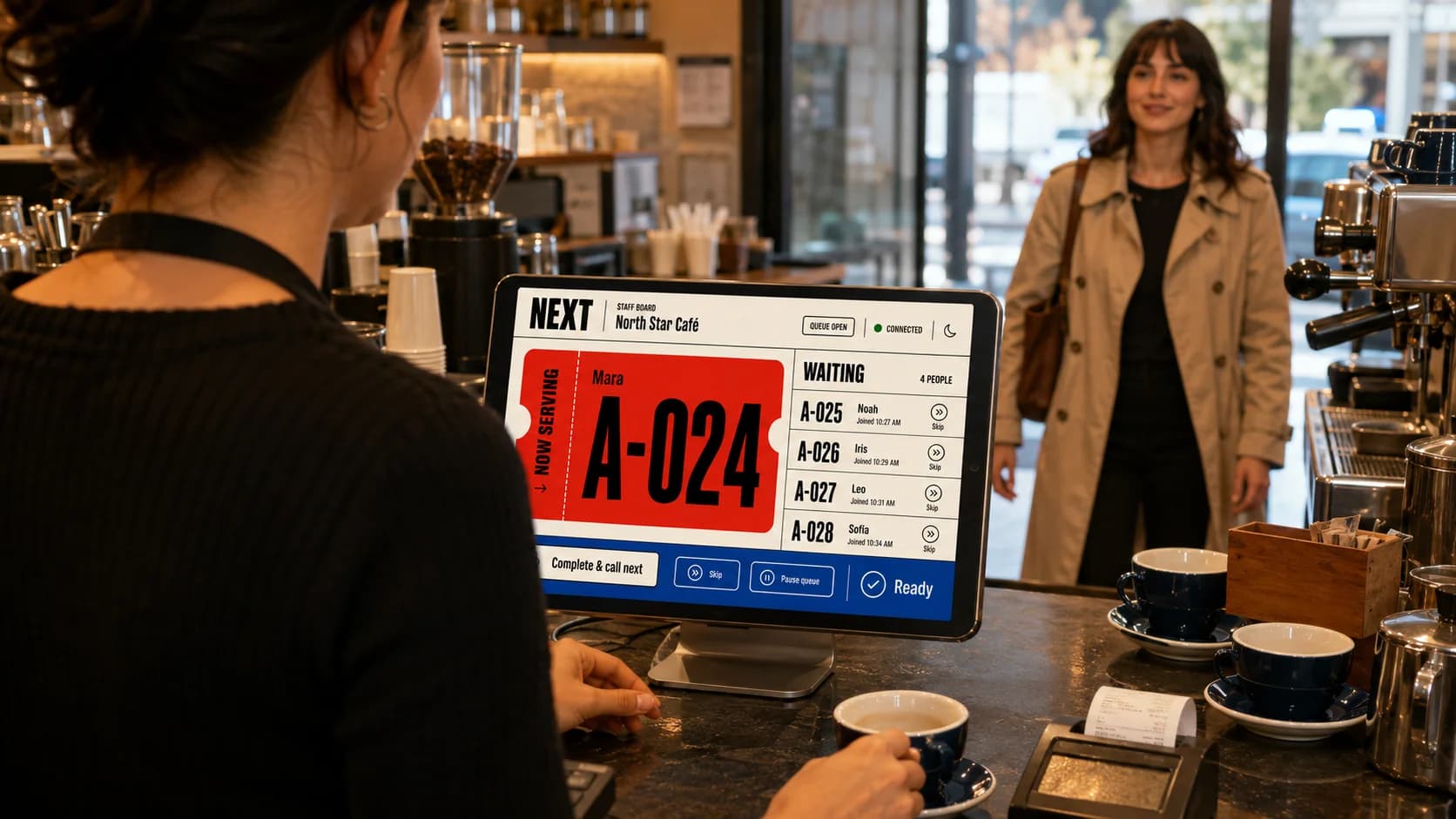 Staff member using the Next queue board while serving a customer